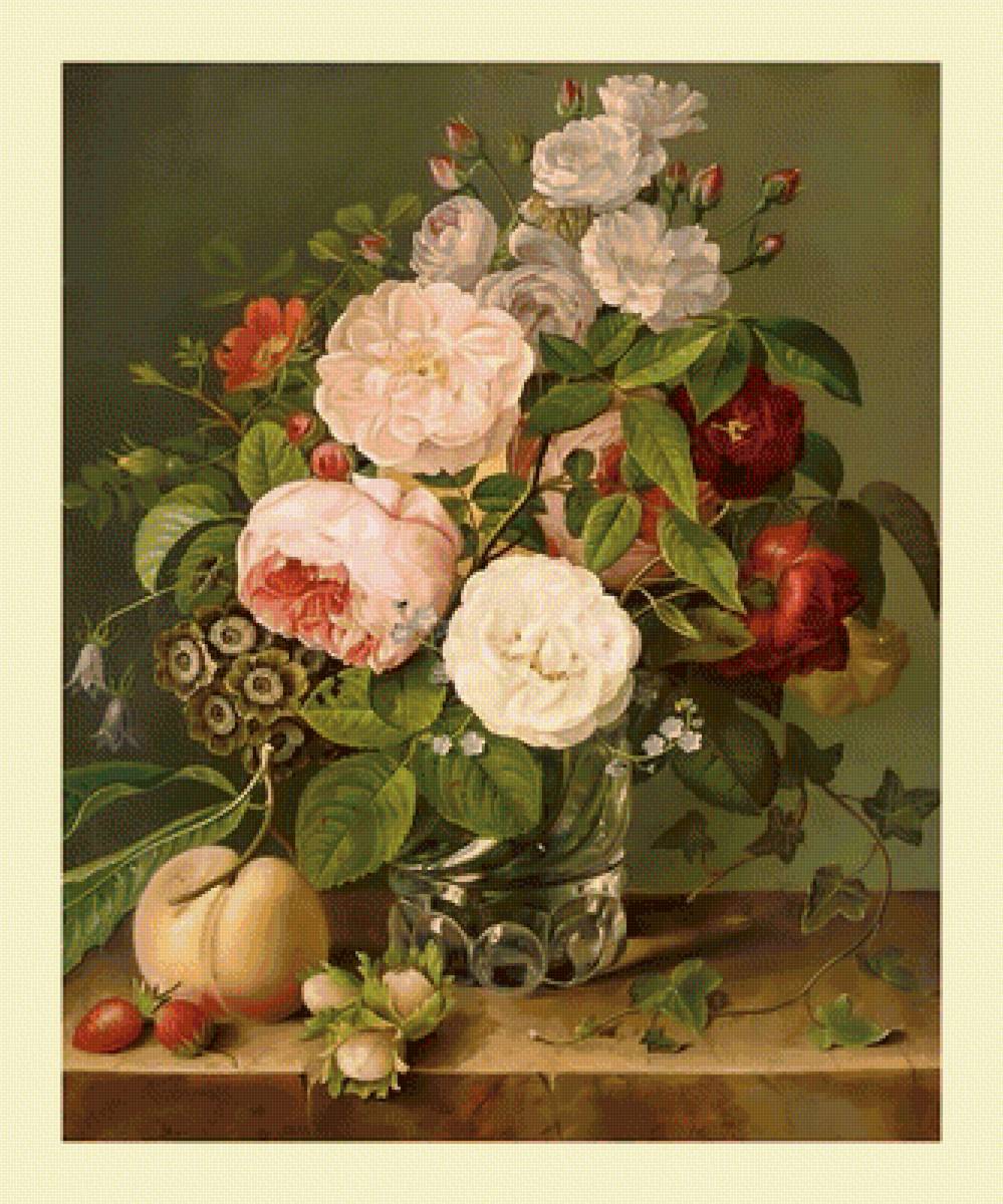 Цветочный натюрморт. - букет, цветы, персики, розы, живопись, натюрморт - предпросмотр