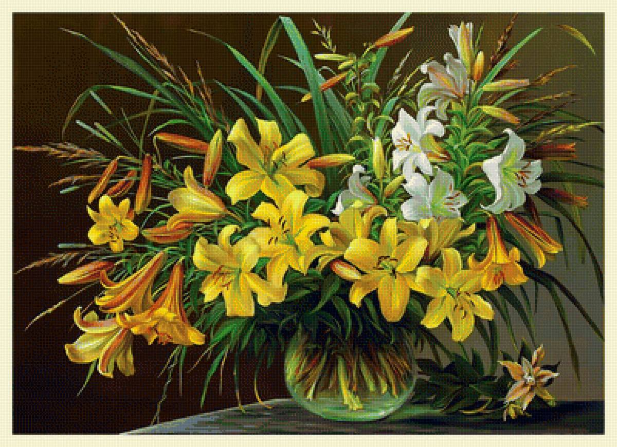 Жёлтые лилии. - букет, живопись, цветы, лилии - предпросмотр