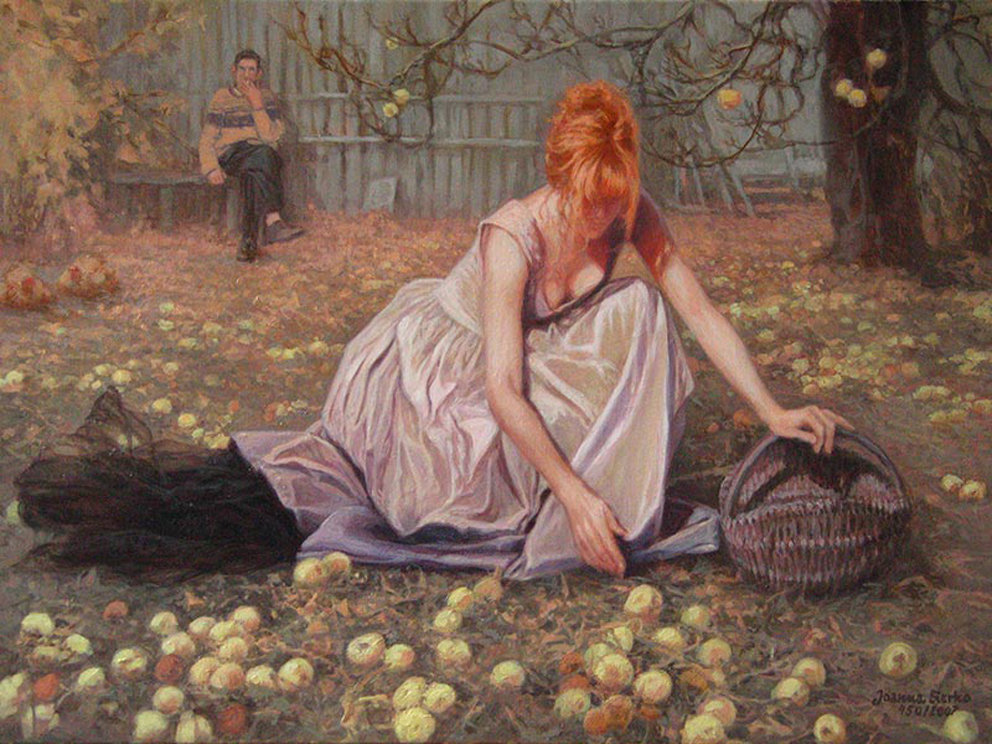 Сбор урожая - мужчина, яблоки, корзина, девушка - оригинал