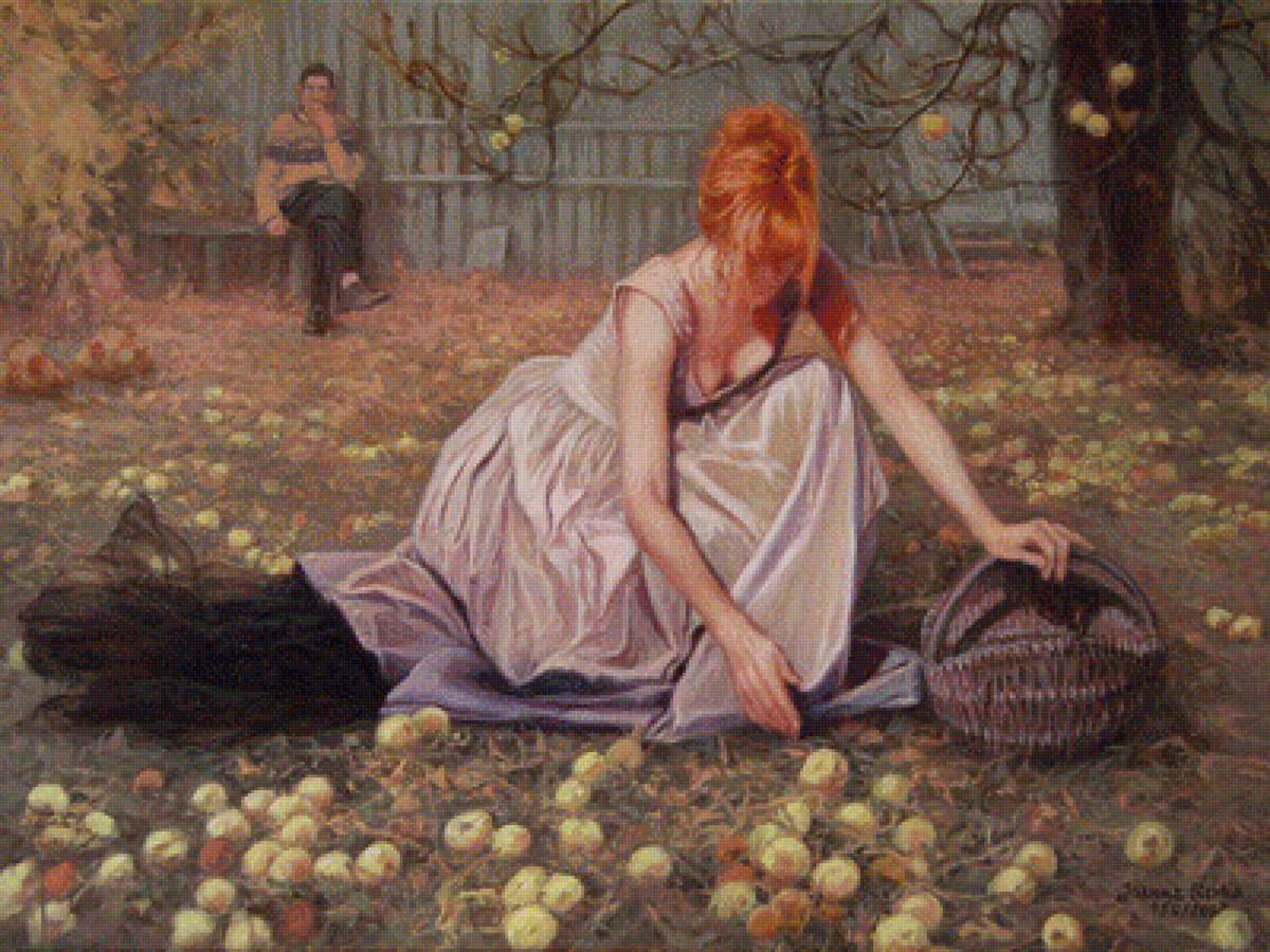 Сбор урожая - мужчина, яблоки, девушка, корзина - предпросмотр