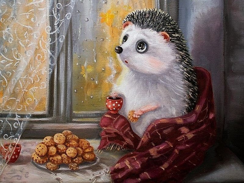 Ёжик - еж, печенье, окно - оригинал