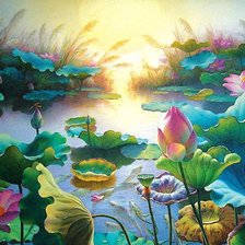 Схема вышивки «Лотосы и рыбки на рассвете»