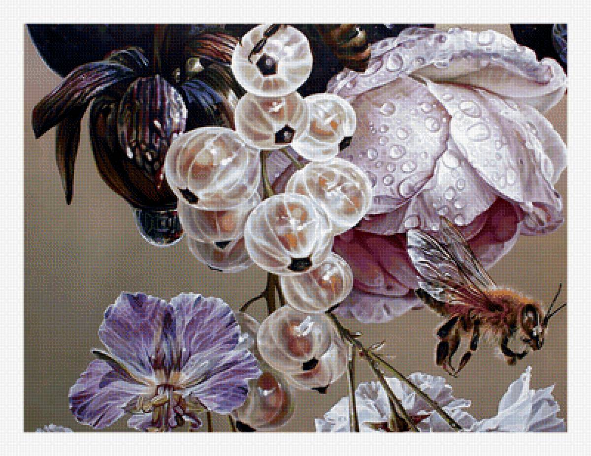 Цветочно-ягодная с пчёлами. - живопись, ягоды, цветы, пчела - предпросмотр