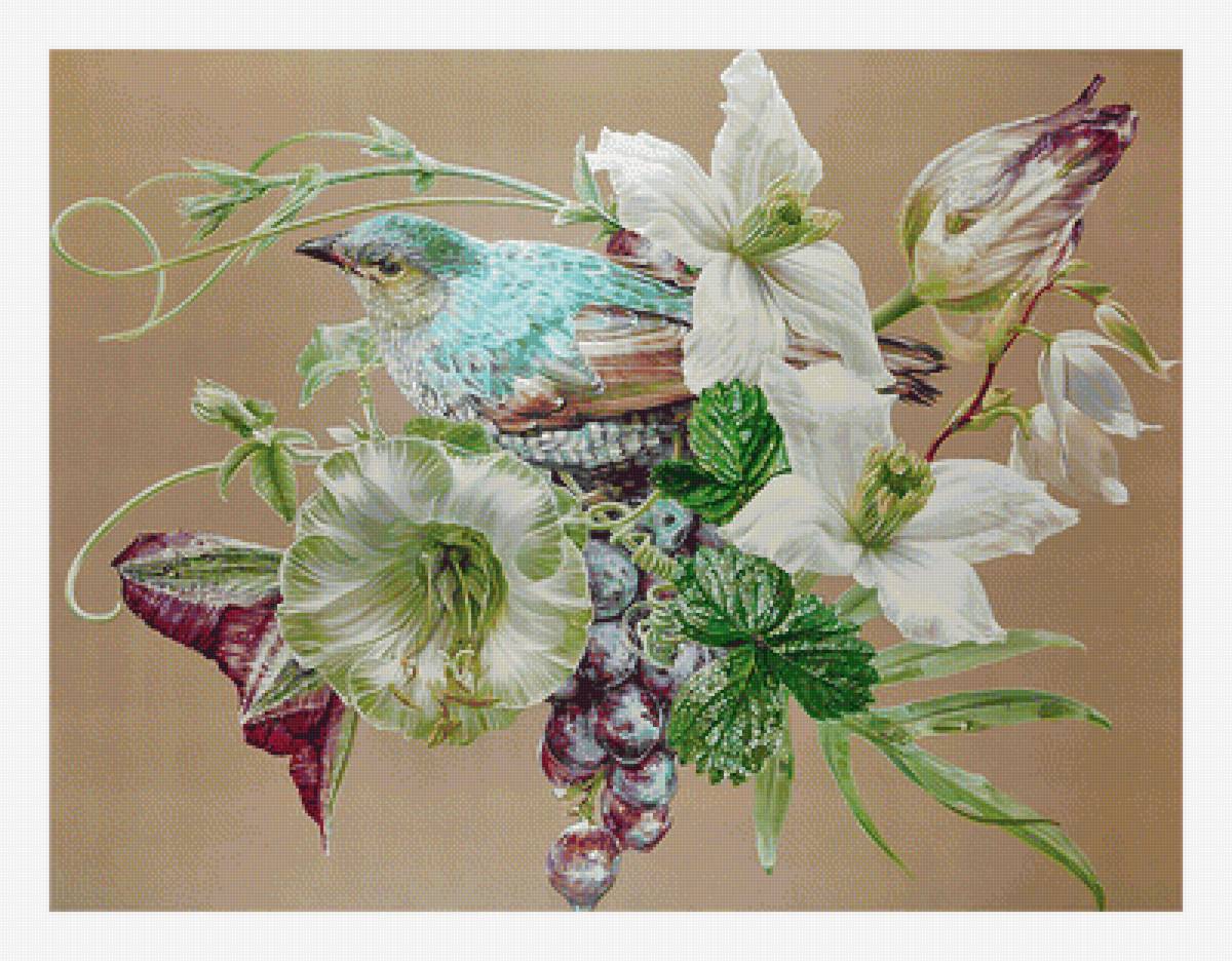 Цветочно-ягодная с птичкой. - виноград, живопись, ягоды, птичка, цветы - предпросмотр