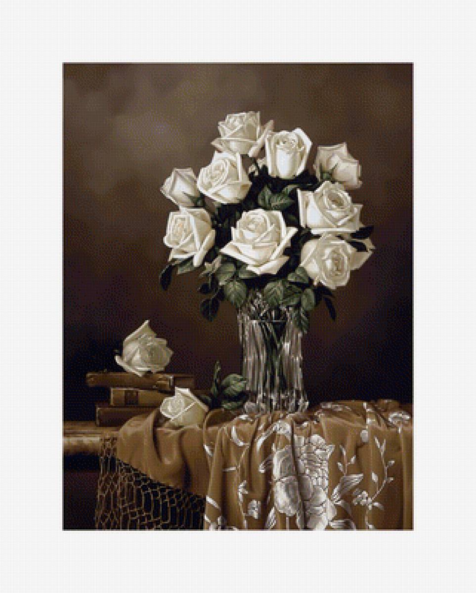 Белые розы. - букет, ваза, цветы, книги, розы, живопись - предпросмотр