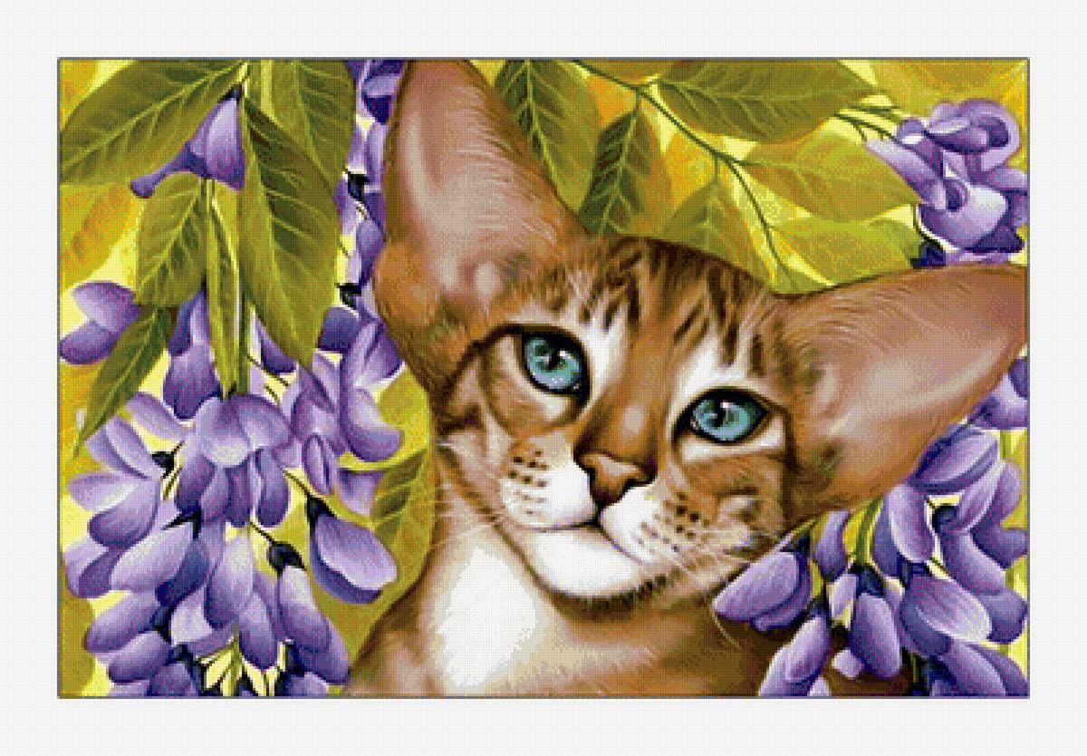 Милый ушастик. - цветы, кот, кошка, живопись, животные - предпросмотр