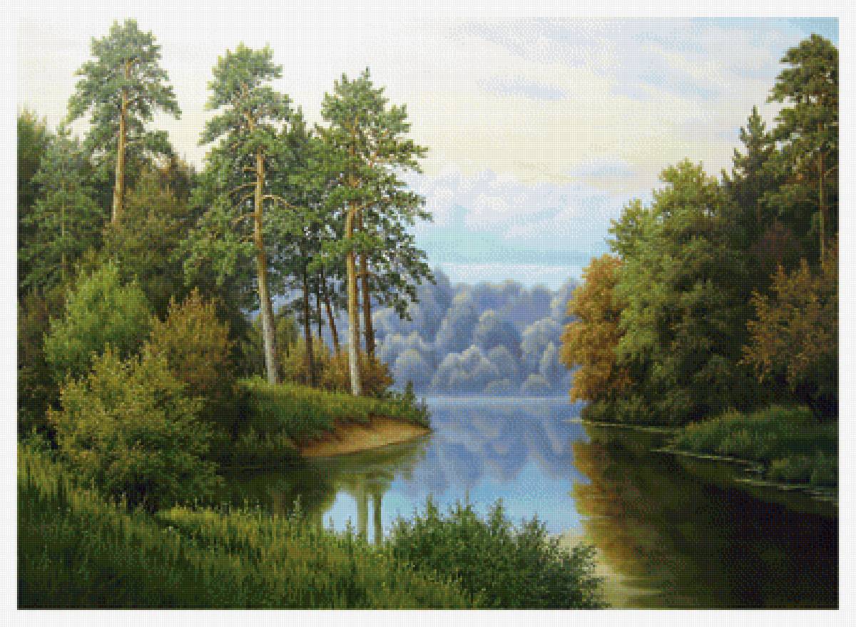 Пейзаж. - река, озеро, живопись, лес, пейзаж, природа - предпросмотр