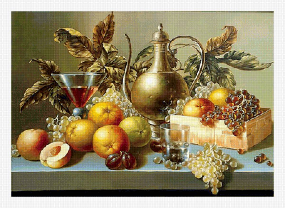 Серия "Натюрморты". - фрукты, натюрморт, вино, виноград - предпросмотр