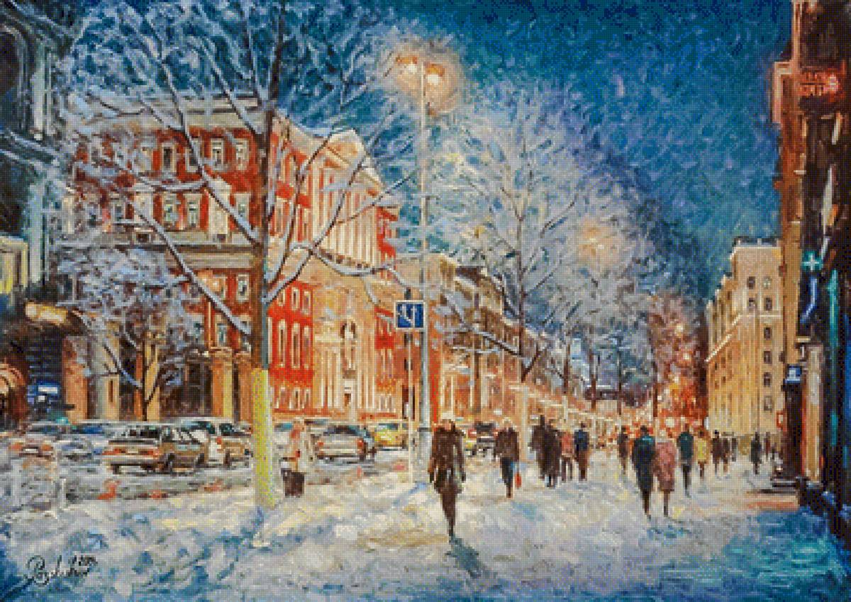 How The Snow Is Glistening In The Glow Of Lantern. - razzhivin igor painter.snowscapes.people. - предпросмотр