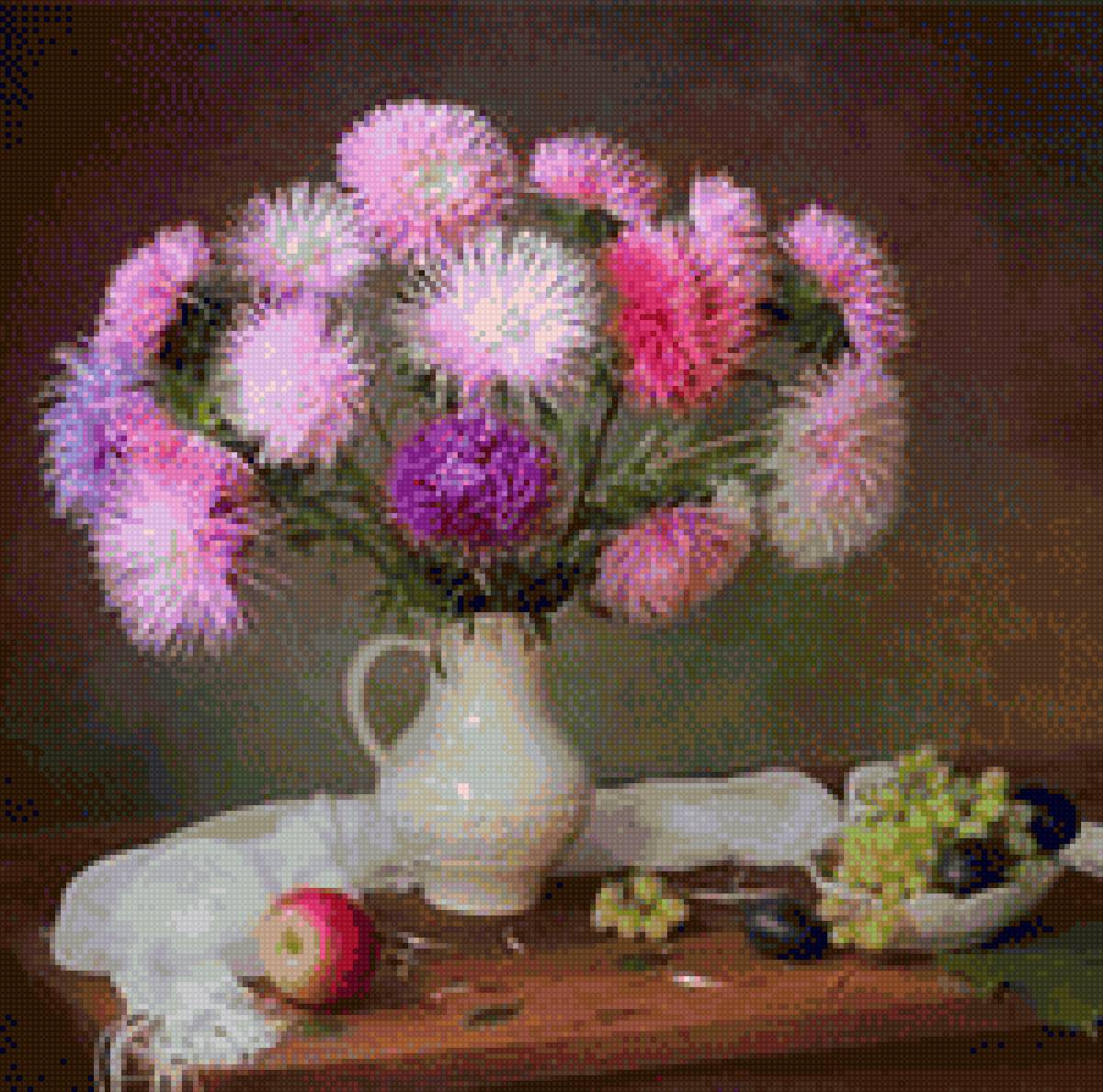 натюрморт - натюрморт, цветы, фрукты, виноград, буке - предпросмотр