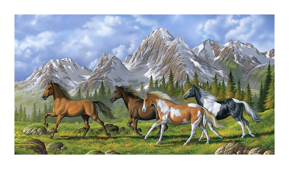 Горный пейзаж с лошадьми. - природа, живопись, пейзаж, горы, лошади - оригинал