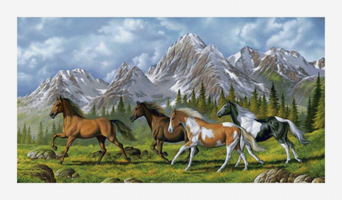 Горный пейзаж с лошадьми. - лошади, пейзаж, природа, живопись, горы - предпросмотр