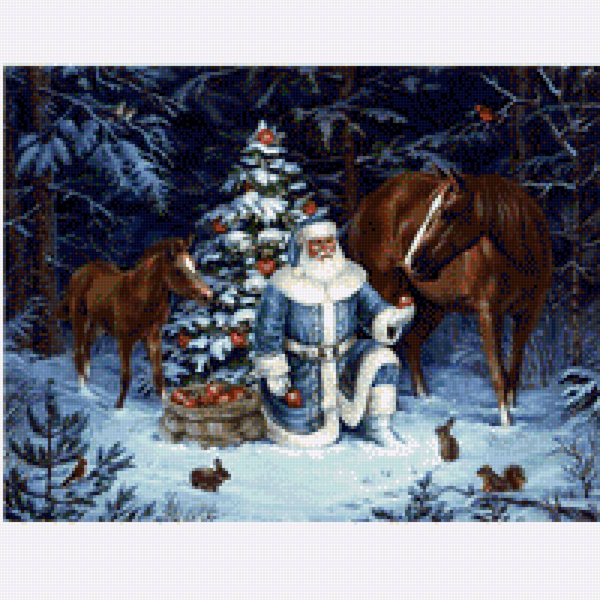 Дед Мороз в лесу - зима, картина, лошади, дед мороз, лес, пейзаж - предпросмотр