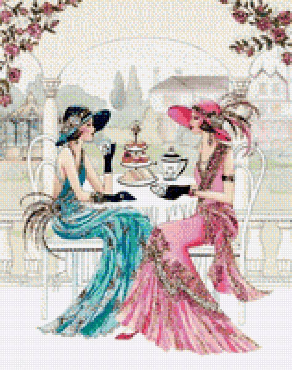 Дамы за чашечкой кофе - дамы, открытка, кофе, встреча, ретро - предпросмотр