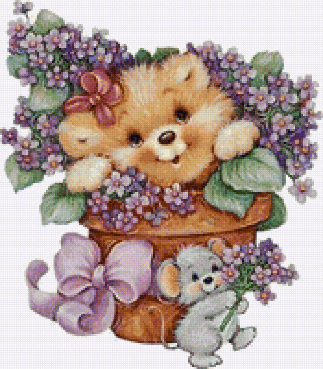 Котенок и незабудки - незабудки, мышонок, картинка, цветы, дети, котенок, мультяшки - предпросмотр