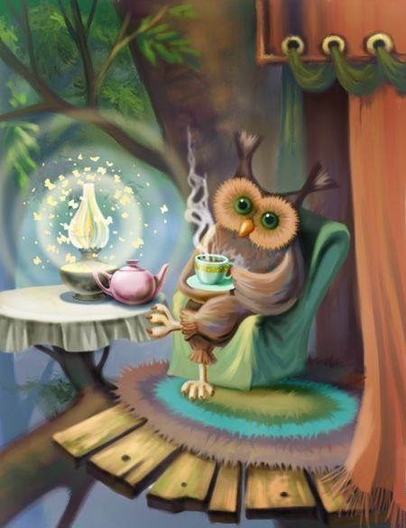 Сова с чаем - чай, картинка, сказка, сова, птица - оригинал