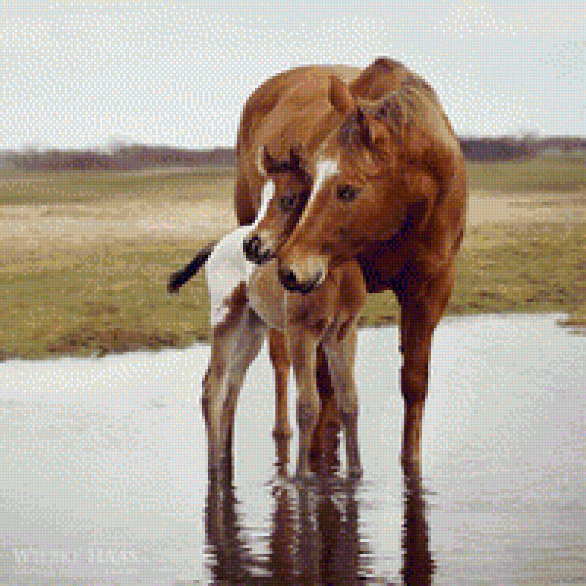 Лошадь и жеребенок - жеребенок, конь, животные, лошади, картина - предпросмотр