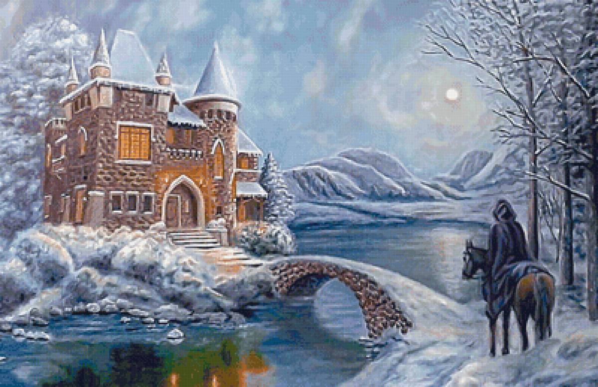 №2046842 - ночь, замок, река, зима, всадник, мост - предпросмотр