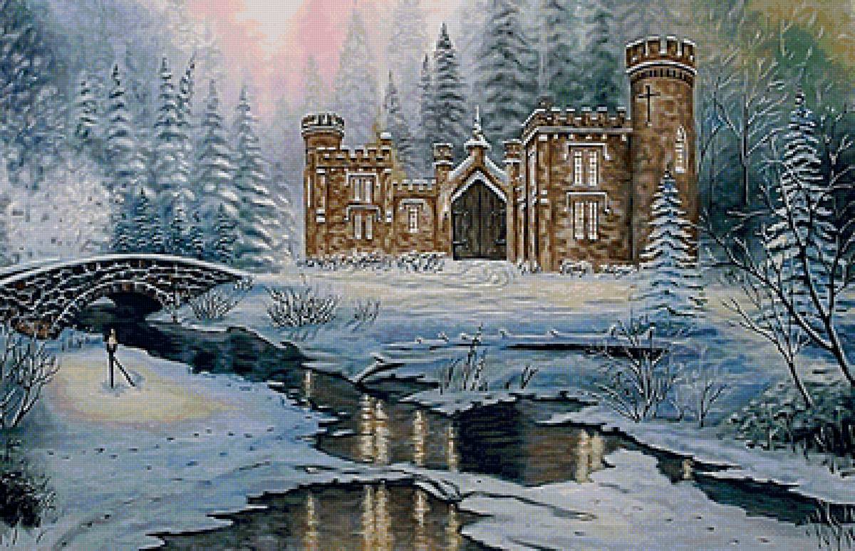 №2046843 - замок, деревья, лес, зима, мост, ночь, река - предпросмотр