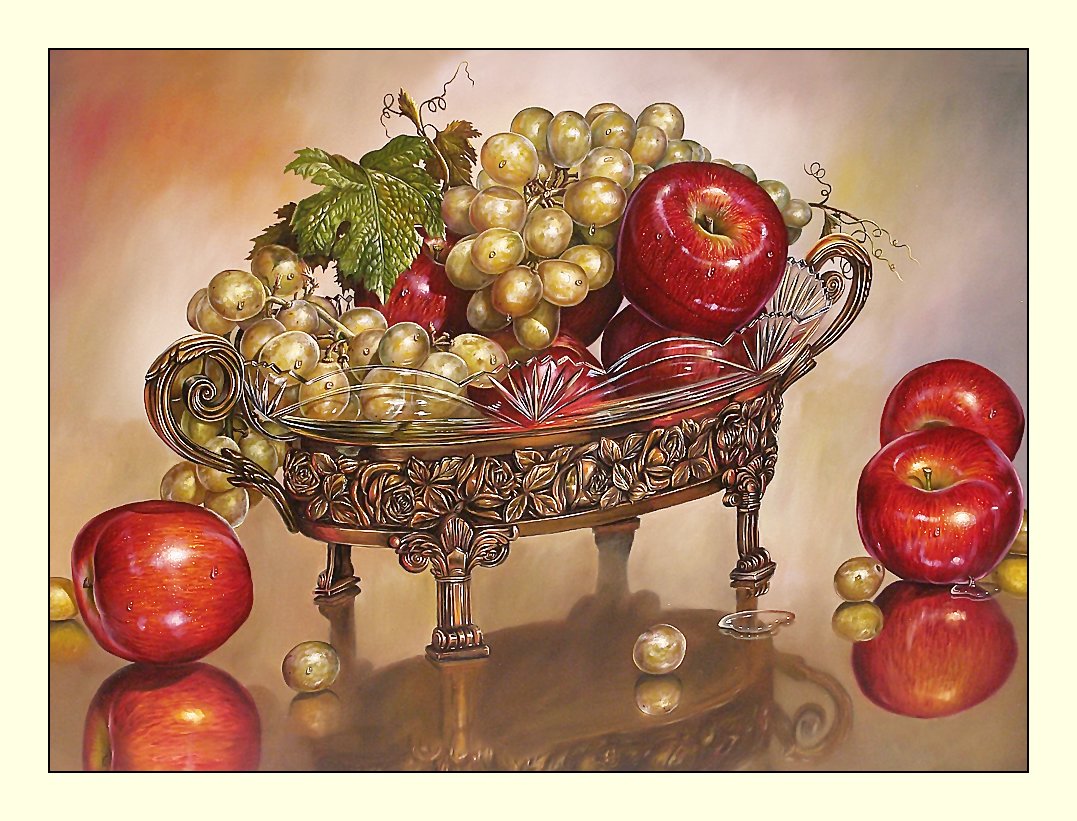 №2047010 - натюрморт, фрукты, яблоки, виноград - оригинал