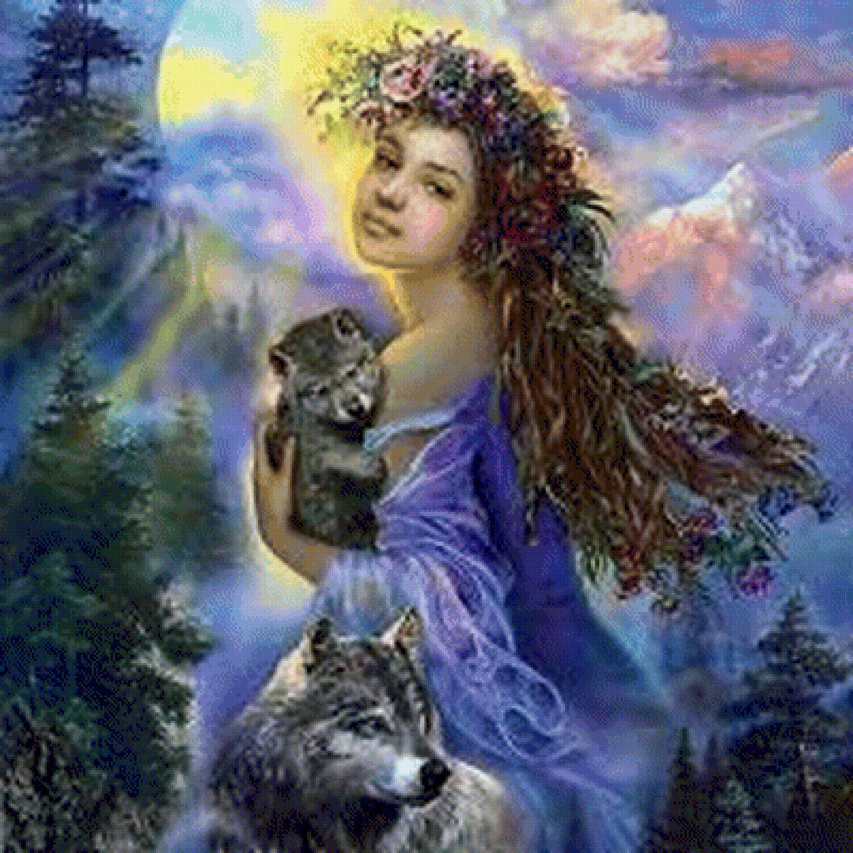 лесная фея - луна, ночь, девушка, деревя, горы, волки, фея - предпросмотр