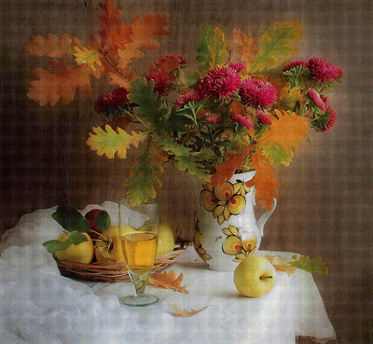 осенний букет - вино, листя, яблоки, стол, ваза, бокал, астры, цветы - предпросмотр