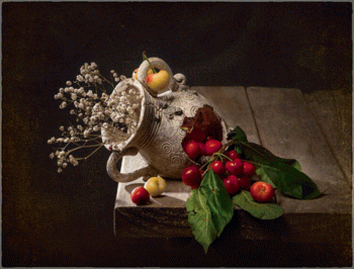 натюрморт - кувшын, стол, цветы, букет, натюрморт, черешня - предпросмотр