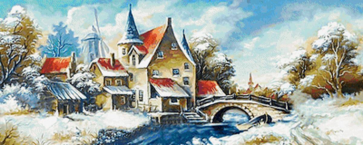 зима - деревья, пейзаж, мост, река, зима, домик - предпросмотр