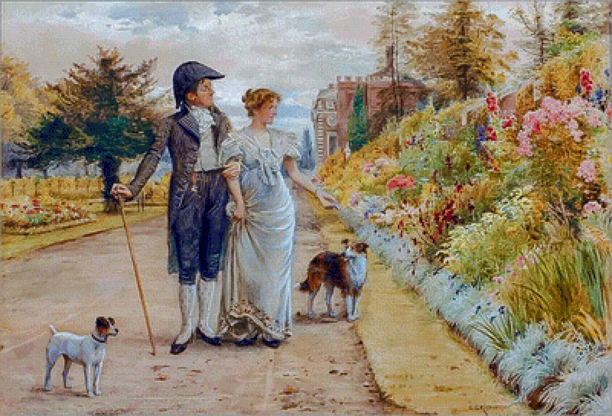 A Pleasant Walk. - george goodwin kilburne.scenarys.people.animals.flowers and gard - предпросмотр