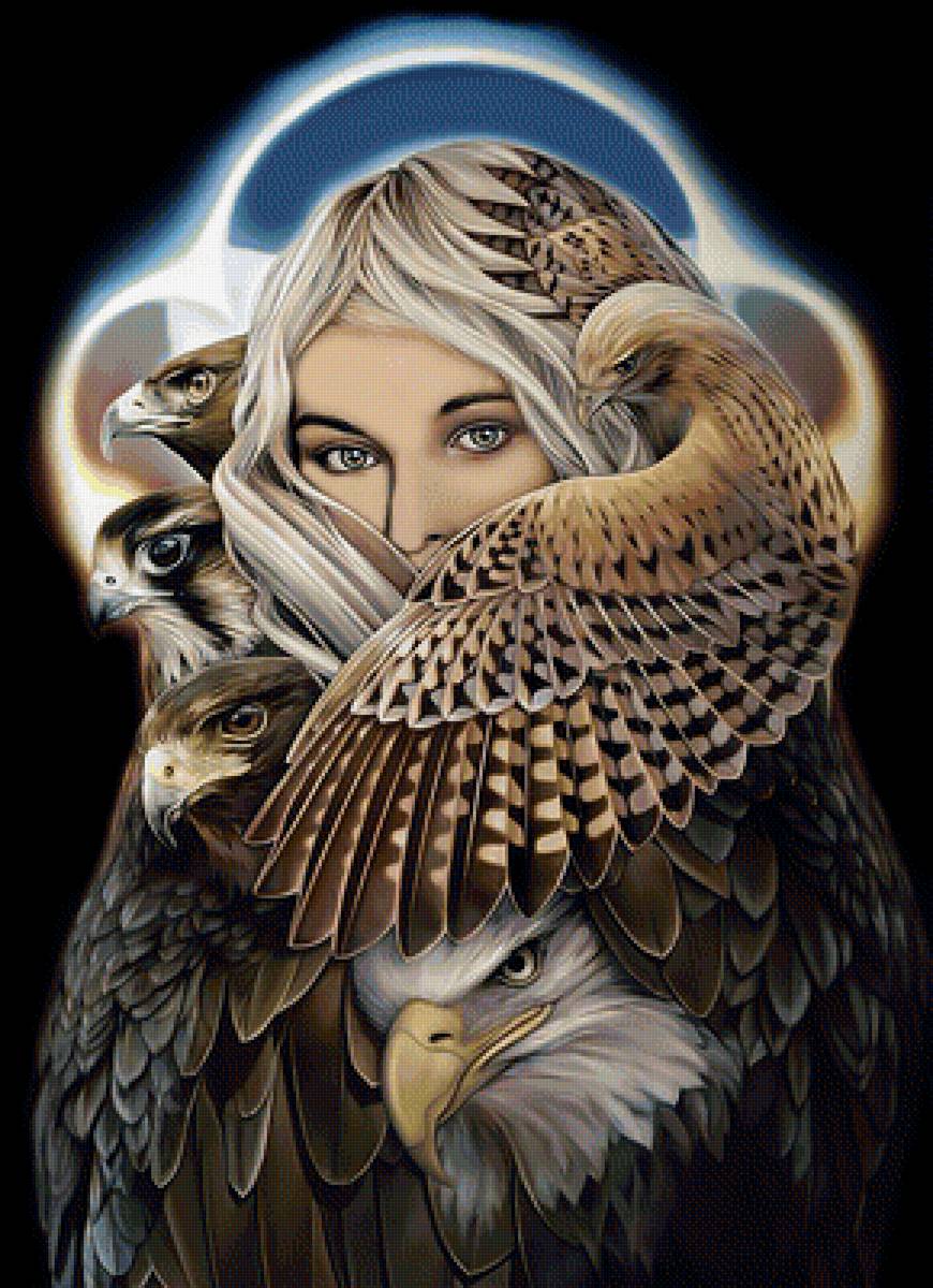 Девушка и птицы. - хищники, птицы, девушка - предпросмотр