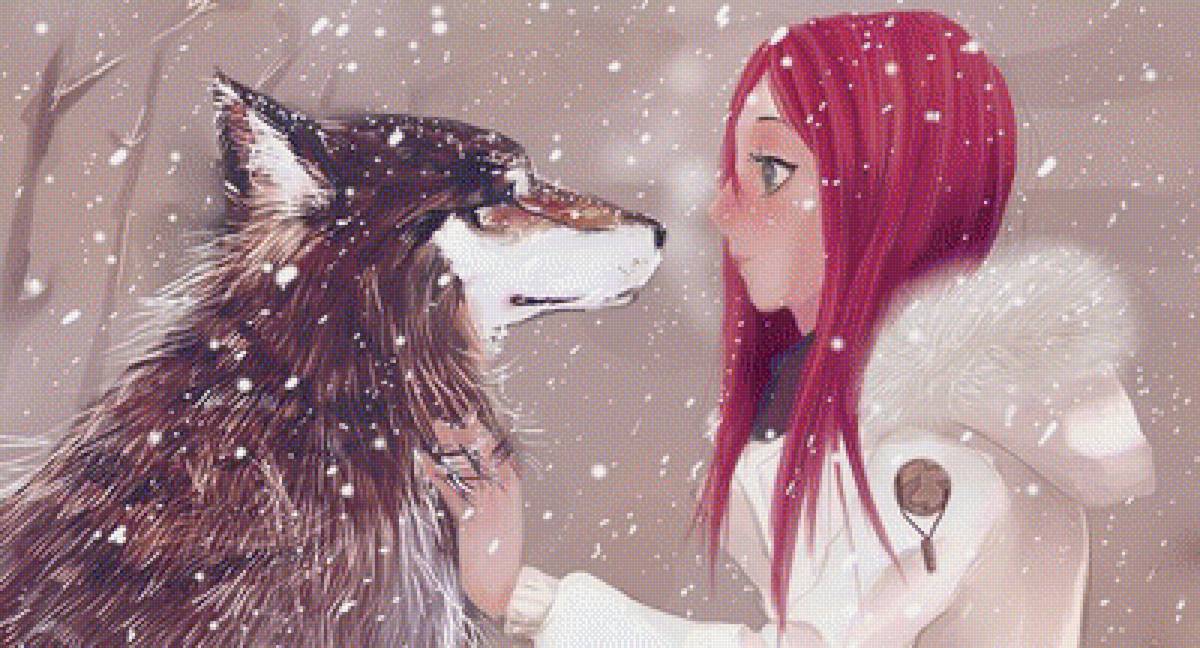 Двое - звери, животные, зима, девушка, люди, волк - предпросмотр