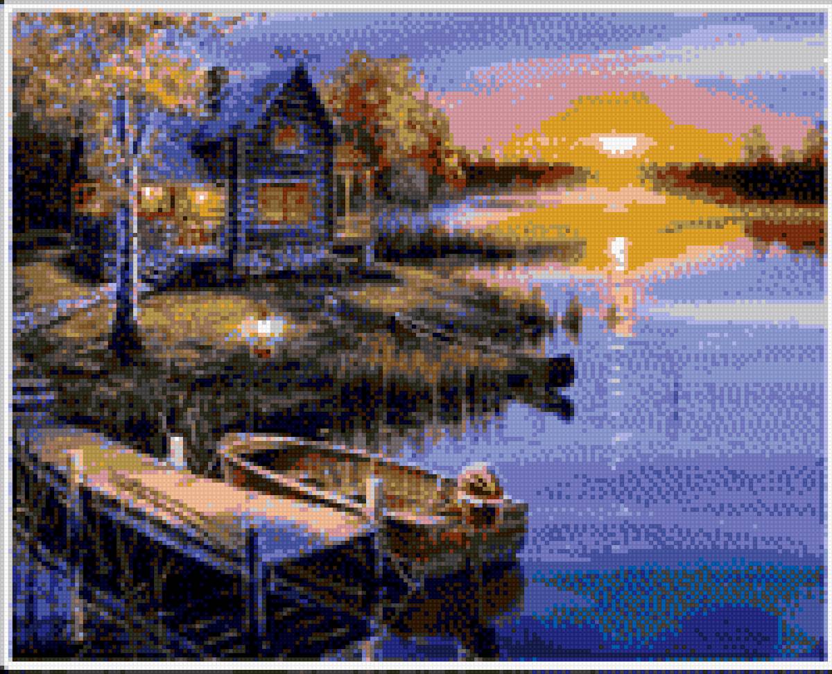 Закат - лодка, дом, закат, озеро - предпросмотр