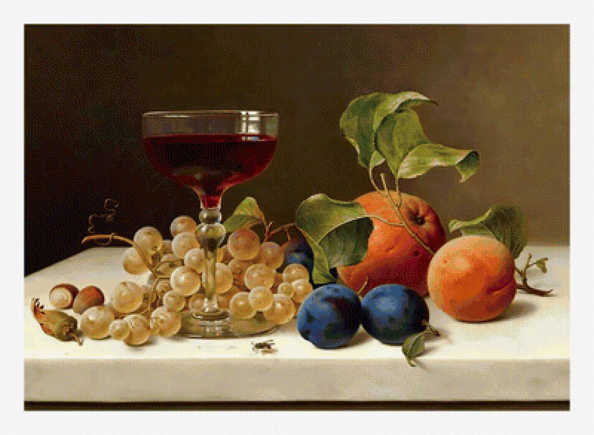 Натюрморт. - вино, натюрморт, персик, оса, живопись, бокал, виноград - предпросмотр