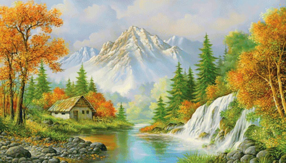 Горный пейзаж. - река, живопись, горы, природа, пейзаж, домик, осень - предпросмотр