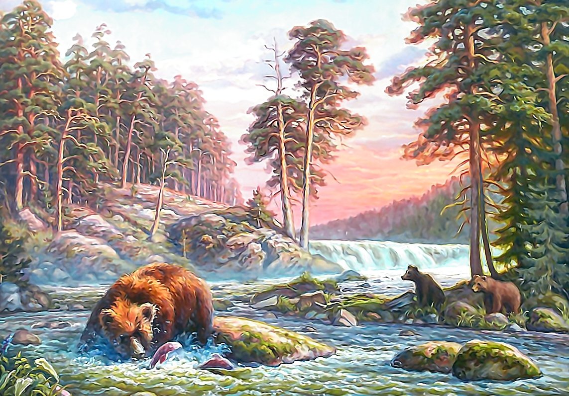 Мишки на рыбалке - сосны, река, медведи, закат, лес, животные - оригинал