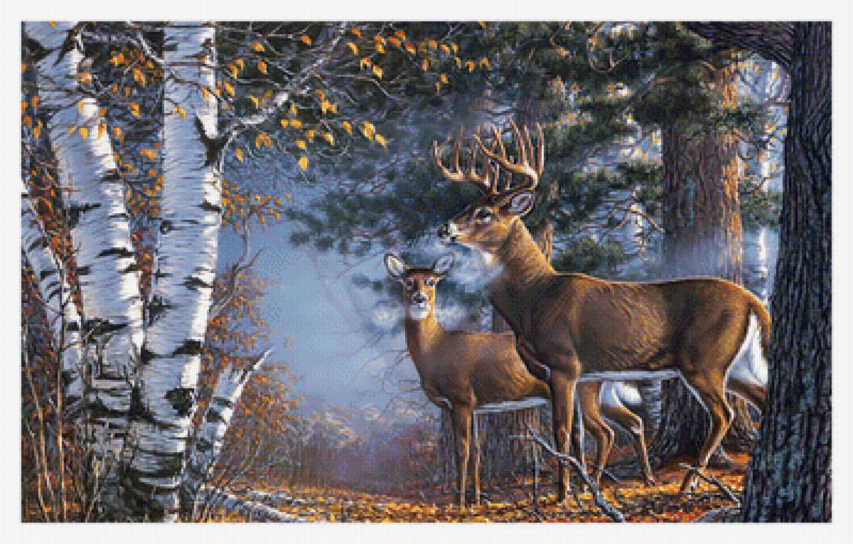 Олени в осеннем лесу. - живопись, животные, олени, пейзаж, лесю осень - предпросмотр