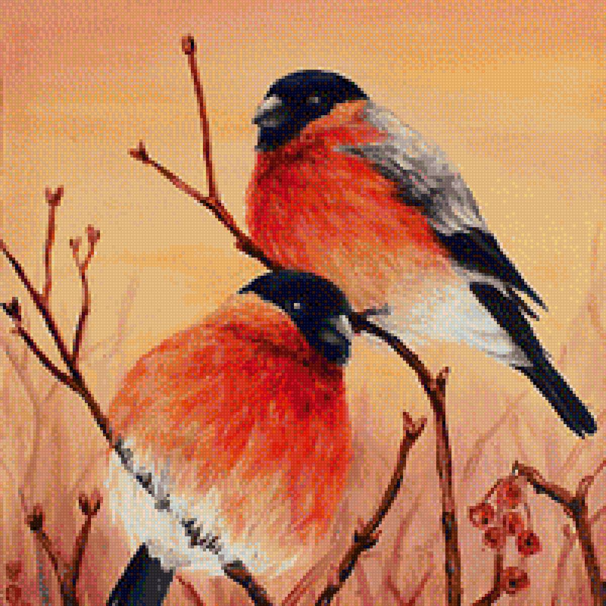 Птицы на ветке - ветка, птицы, картина - предпросмотр