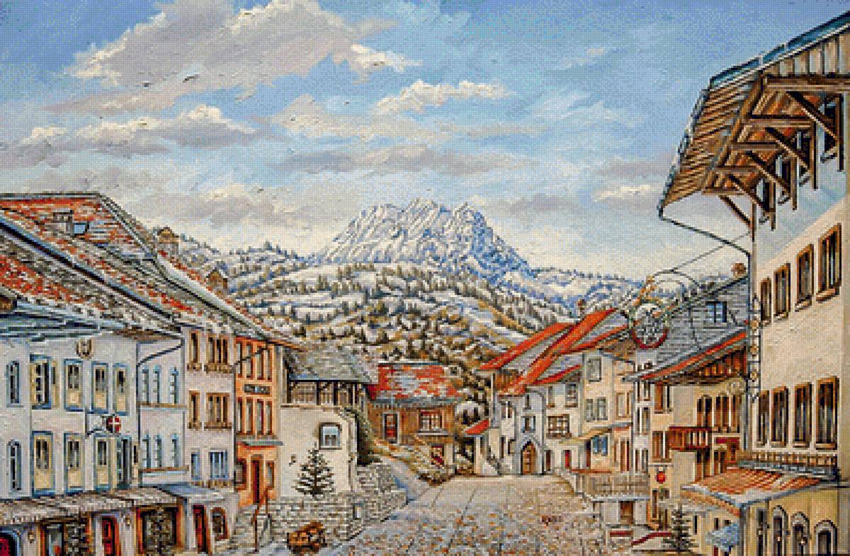Gruyeres Switzerland-Swiss Alps Village. - mike rabe painter.landscapes.cityscapes. - предпросмотр