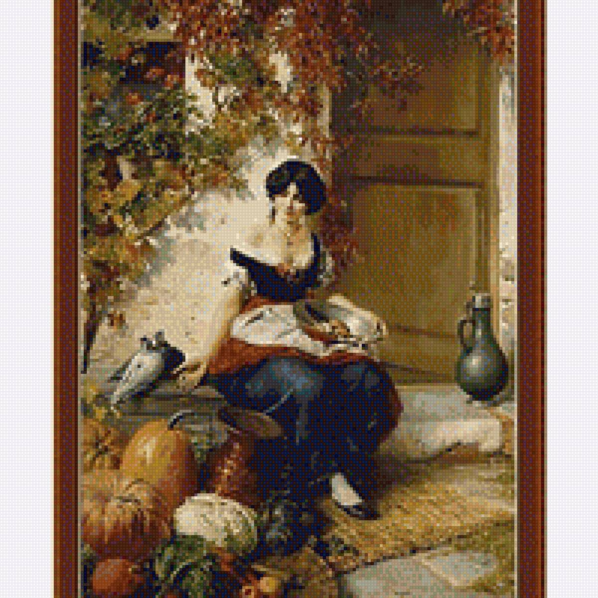 Женщина на пороге дома - фрукты, овощи, женщина, порог, картина, дом, сидит - предпросмотр