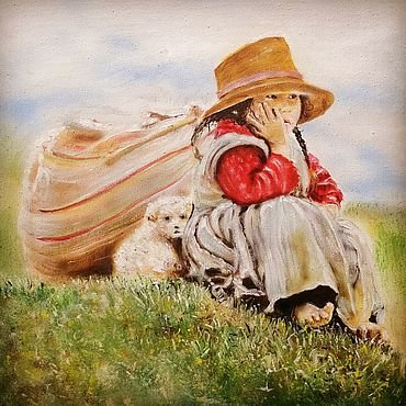 Девочка и щенок - щенок, девочка, природа, картина - оригинал