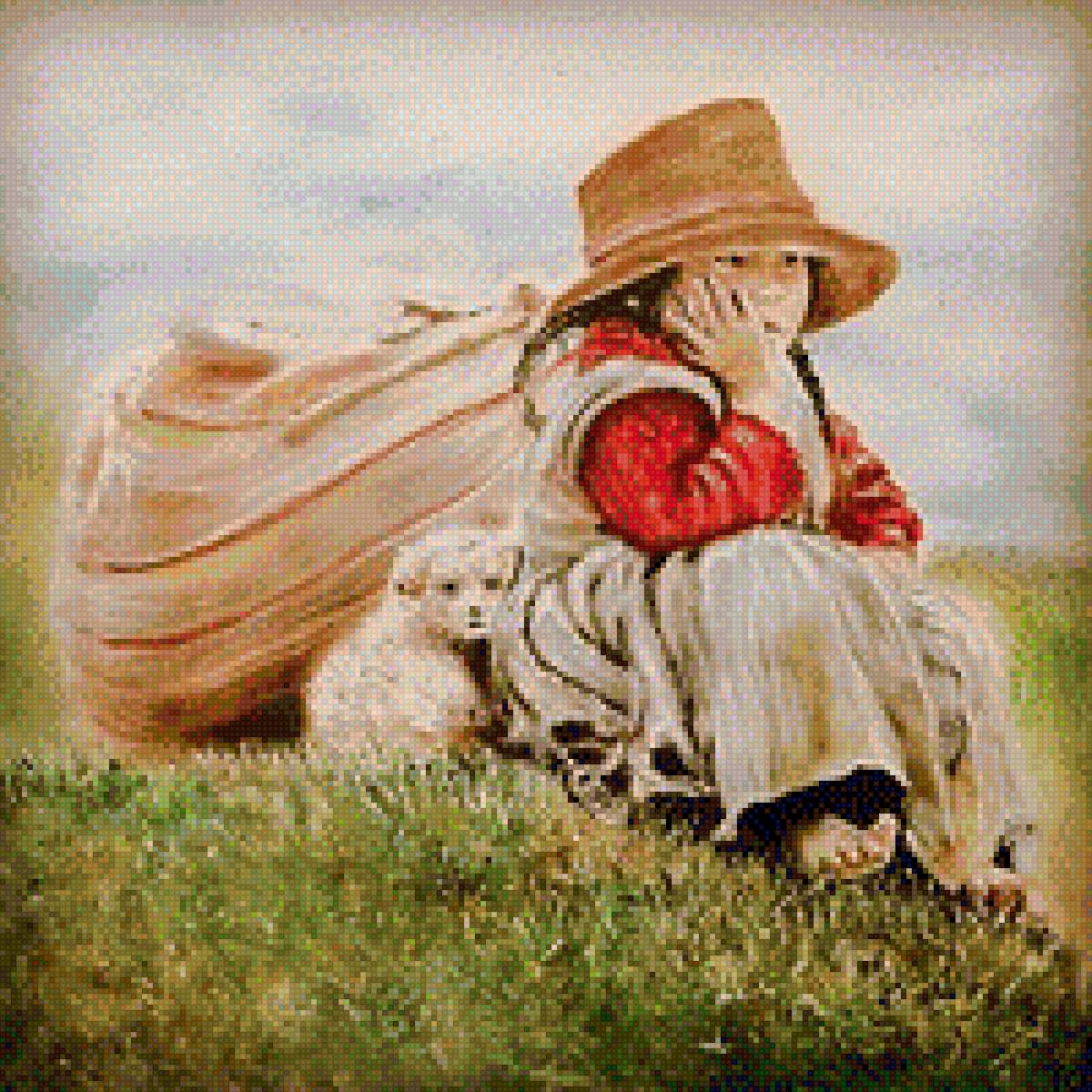 Девочка и щенок - природа, щенок, девочка, картина - предпросмотр