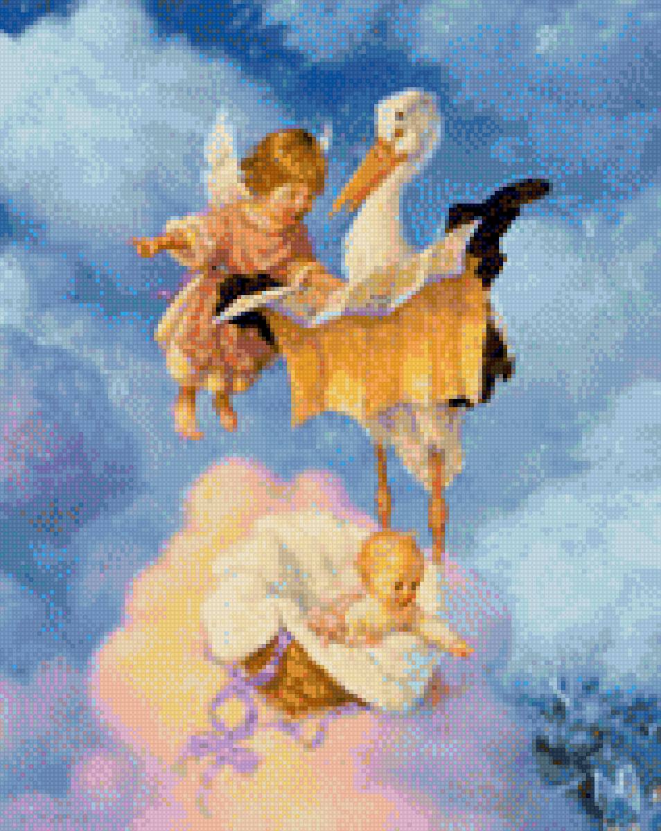 Малыш и аист - небо, аист, образ, картина, малыш - предпросмотр