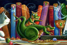 Схема вышивки «Дракоши на книжной полке с котом»