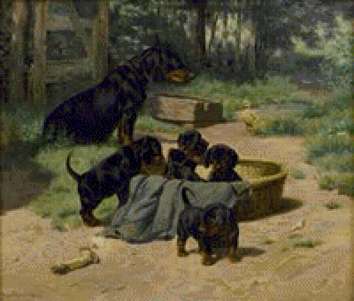 Щенки и мамка - животные домашние, щенки такса играют, лето, природа - предпросмотр