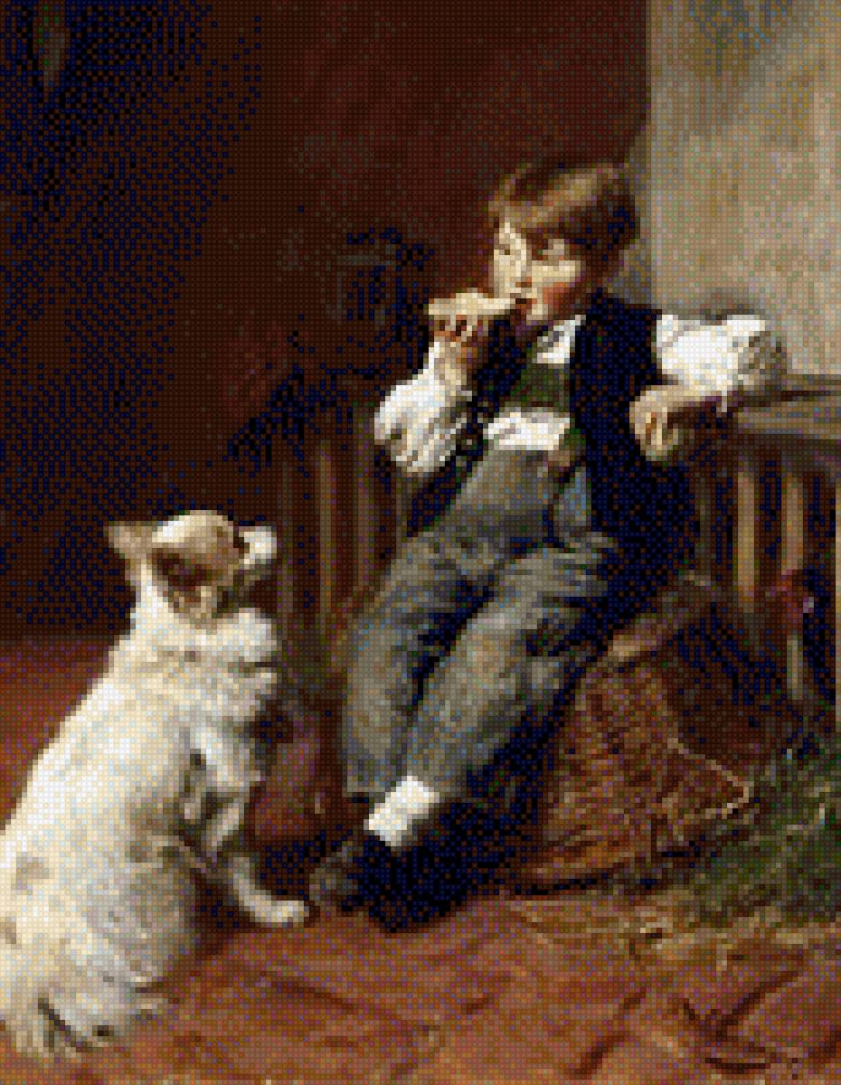 Мальчик  и собака - картина, дом, собака, бутерброд, отдых, мальчик, природа - предпросмотр