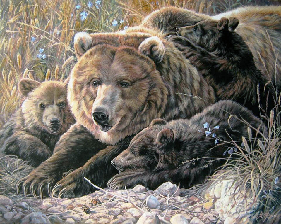 Худ. Е. Самарская Дружная семейка - медведица, лето, медвежата - оригинал