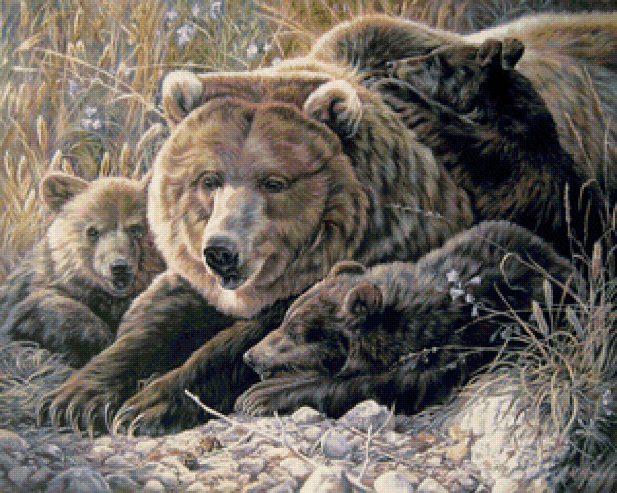 Худ. Е. Самарская Дружная семейка - лето, медвежата, медведица - предпросмотр