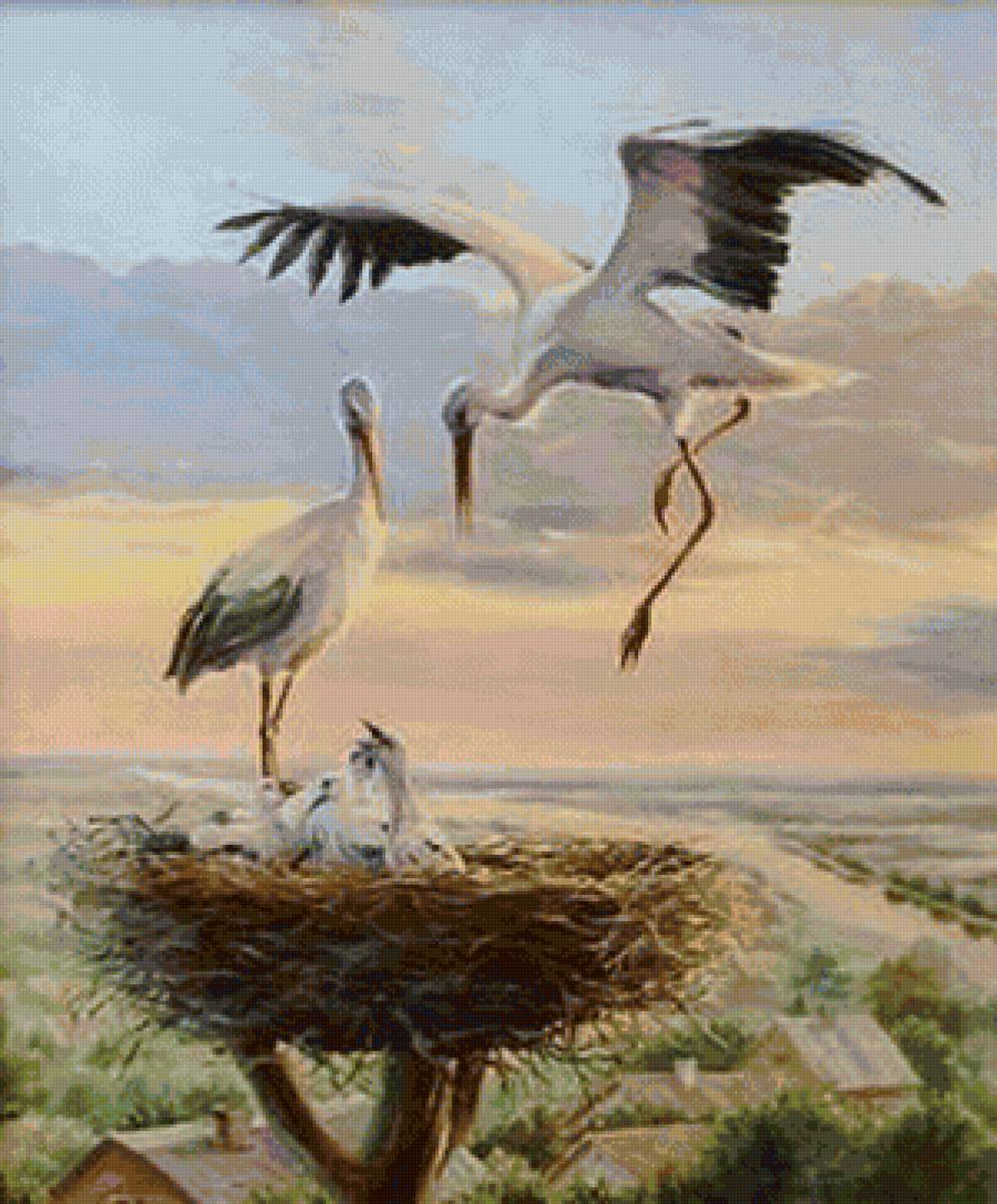 семейка - высота, аисты, деревня, пара, гнездо - предпросмотр