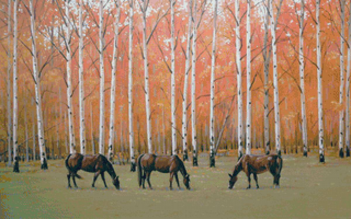 Средь берёз - лошади, пейзаж, лес, березы - предпросмотр