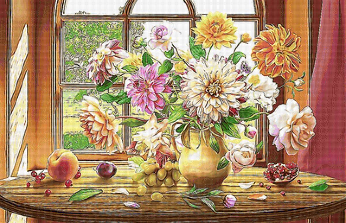 №2057460 - фрукты, цветы, окно, букет - предпросмотр